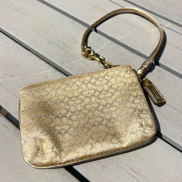 COACH Signature Logo Gold Metallic Wristlet Purse - Picture 1 of 3